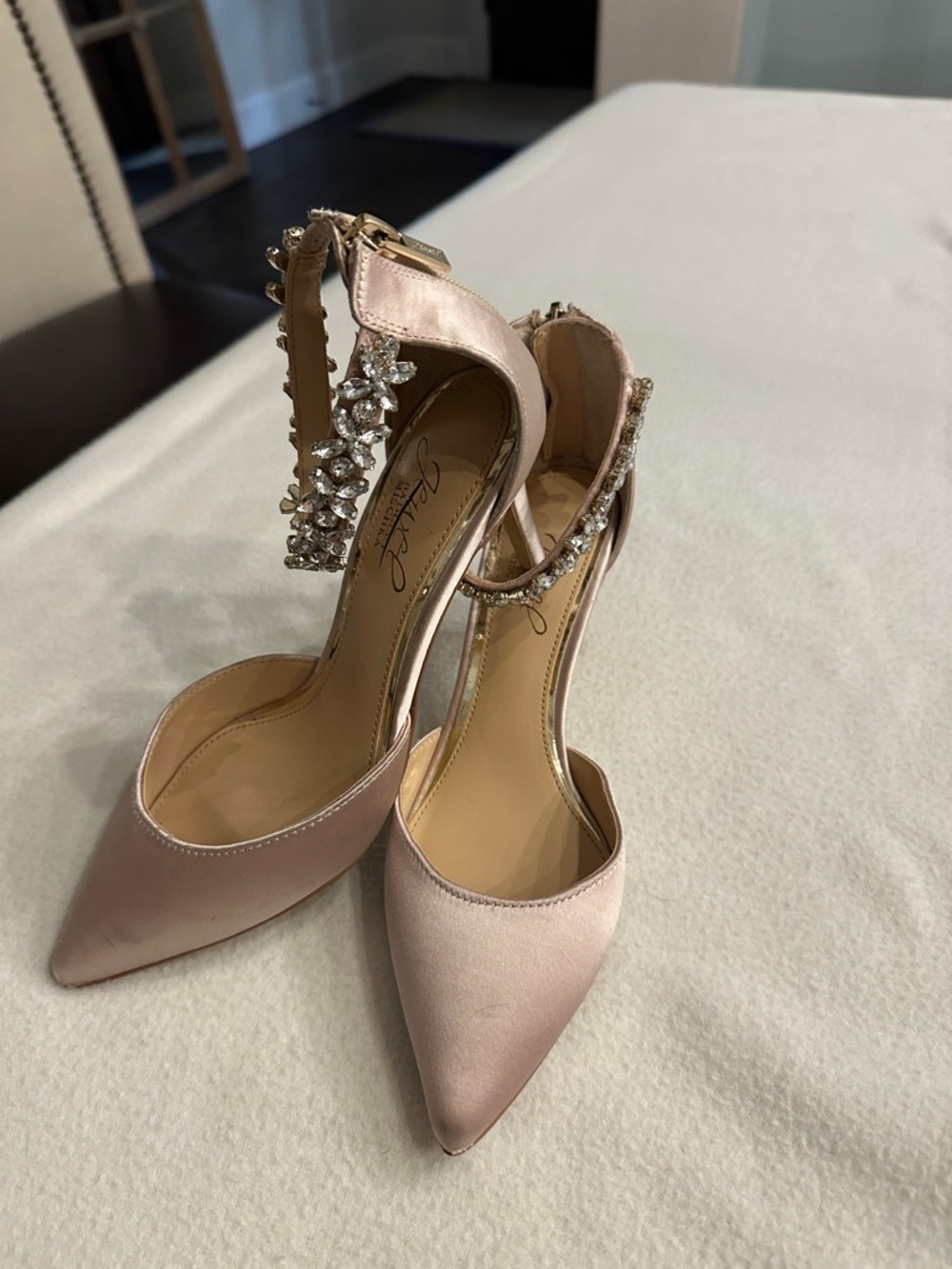 Badgley Mischka Blush Satin Crystal Ankle Strap Pointed Toe Heels